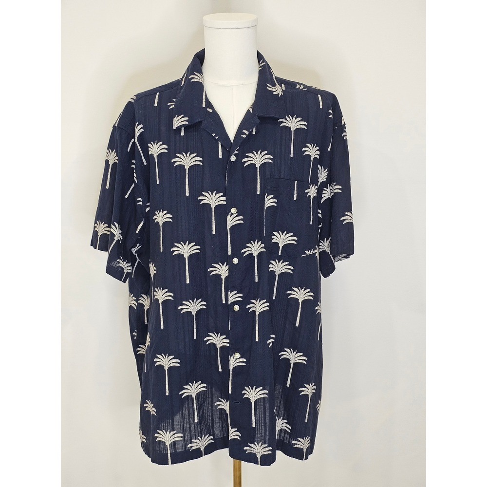 Mutual Weave Mens 3XL Navy Blue Palm Tree Ribbed Cotton Resort Button Down Shirt